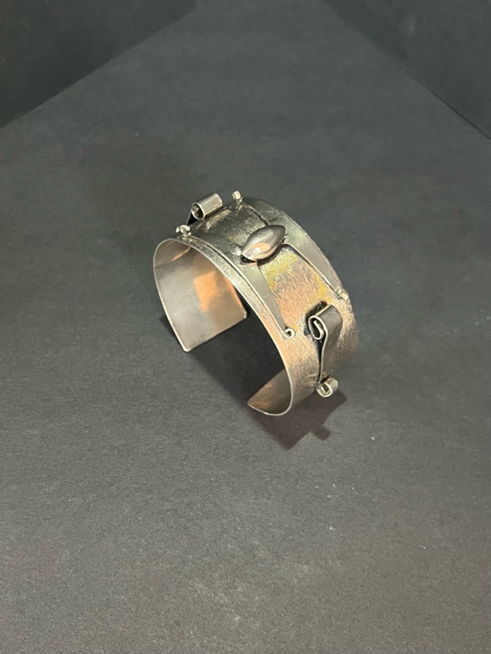 Silver Tone Modernist industrial cuff bracelet Sculptural Steampunk